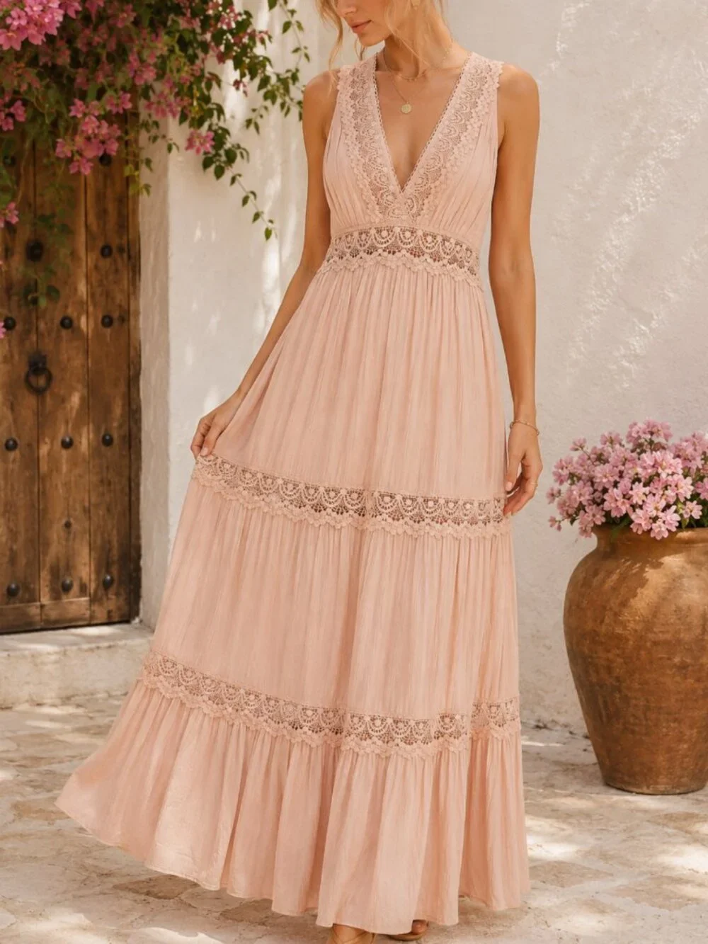 Blush Pink Lace Tiered Maxi Dress S Coquette Romantic Prairie Fairycore NWOT - Picture 1 of 11